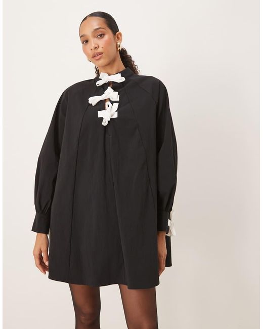 Ghospell Black Swing Mini Dress With Bow Detail