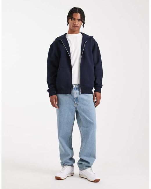 ASOS Blue Essential Relaxed Fit Zip Through Hoodie for men