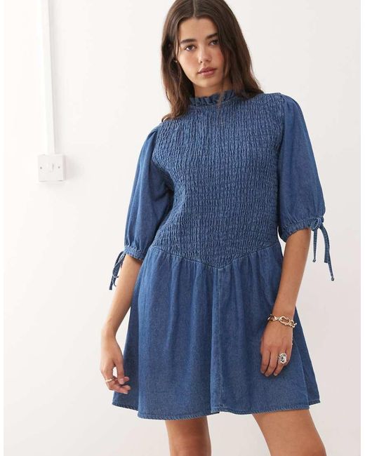 Reclaimed Vintage Blue Shirred Bodice Drop Waist Mini Denim Dress