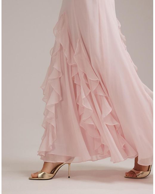 ASOS Pink Bridesmaids Bardot Ruffle Chiffon Maxi Dress
