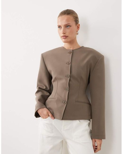 ASOS Brown Collarless Button Through Cinch Blazer