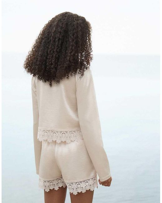 4th & Reckless Natural Satin Tie Front Crochet Trim Beach Top Co-ord