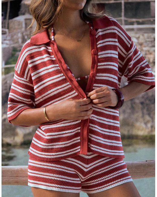 Camisa Playera A Y Blancas Con Botones Y Solapas De Croché Rico En Algodón De X Luana Barron (Parte De Un Conjunto)-Rojo 4th & Reckless de color Red