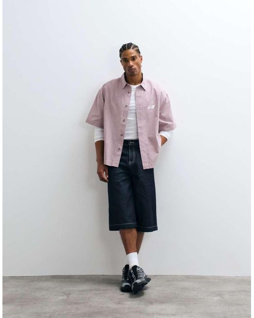 ASOS Pink Boxy Oversized Check Shirt With Chest Print for men