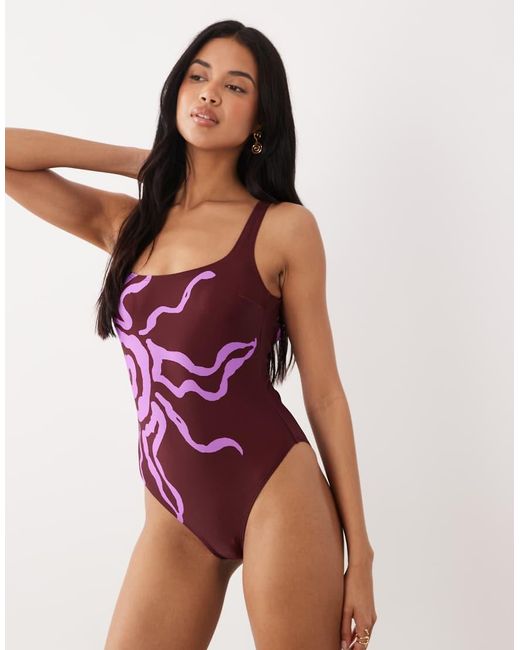 ASOS Purple Celestie Square Neck Low Back Swimsuit With Pink Sun Motif