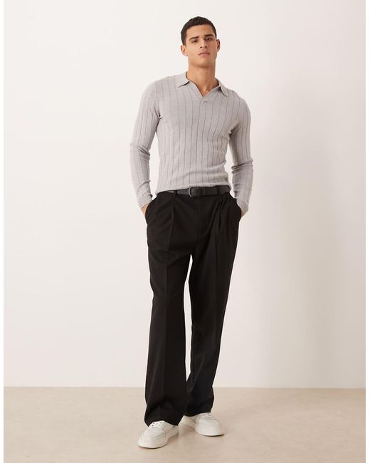ASOS White Muscle Fit Long Sleeve Knitted Rib Notch Neck Polo for men