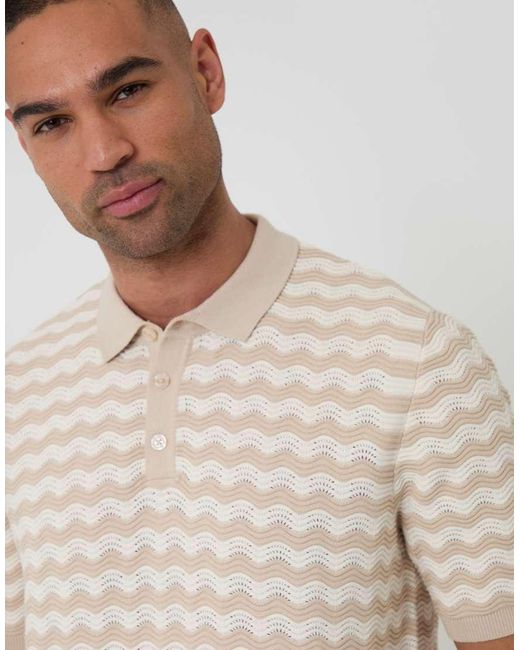 Threadbare Natural Wavy Stripe Textured Knitted Polo for men