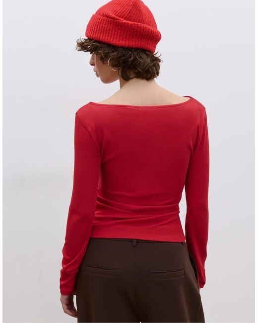 Stradivarius Red Long Sleeve T-Shirt With Gathering