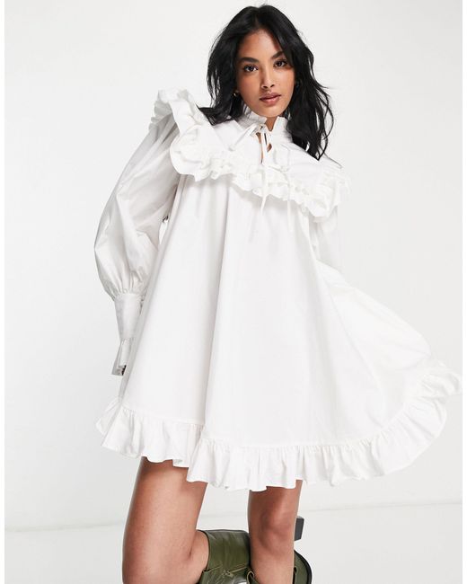 ASOS Cotton Ruffle Yoke Mini Dress in White | Lyst