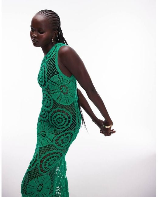 TOPSHOP Knitted Crochet Sleeveless Midi Dress in Green | Lyst UK
