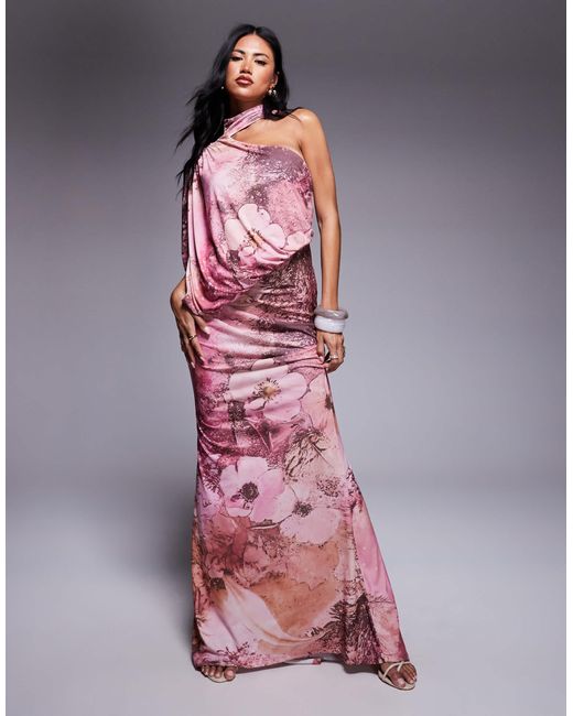 ASOS Pink – drapiertes maxikleid mit blumenmuster, cape-detail und one-shoulder-träger