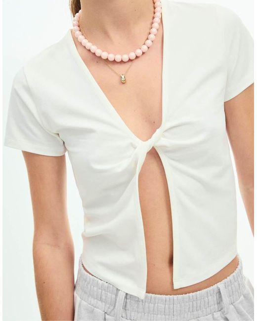 Stradivarius White Knot Detail Short Sleeve T-shirt
