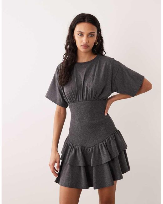 ASOS Natural Cinched Waist Mini T-shirt Dress With Ruffle Skirt