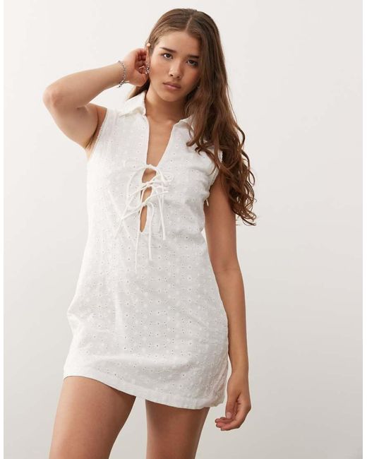 Noisy May White Tie Front Broderie Polo Mini Dress