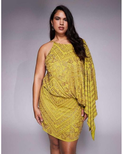 ASOS Yellow Asos Design Curve Asymmetric Cape Detail Allover Embellished Mini Dress