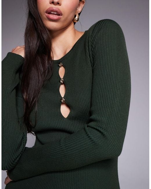 Kaiia Green Exclusive Cut Out Detail Long Sleeve Knitted Maxi Dress