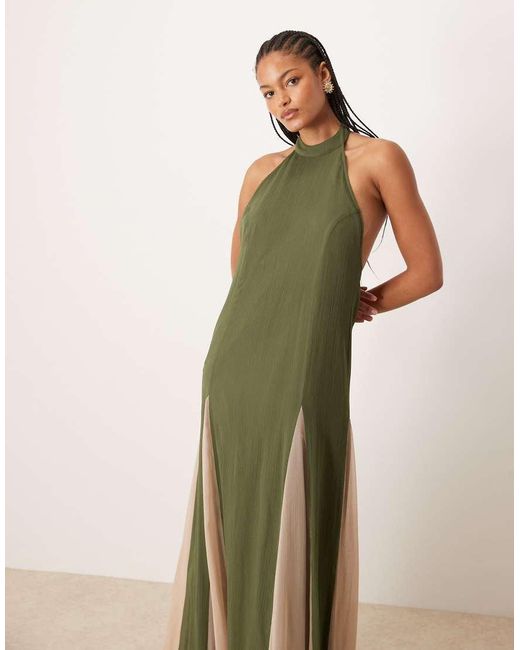 ASOS Green Asos Design Tall High Neck Chiffon Maxi Dress With Contrast Godet Skirt