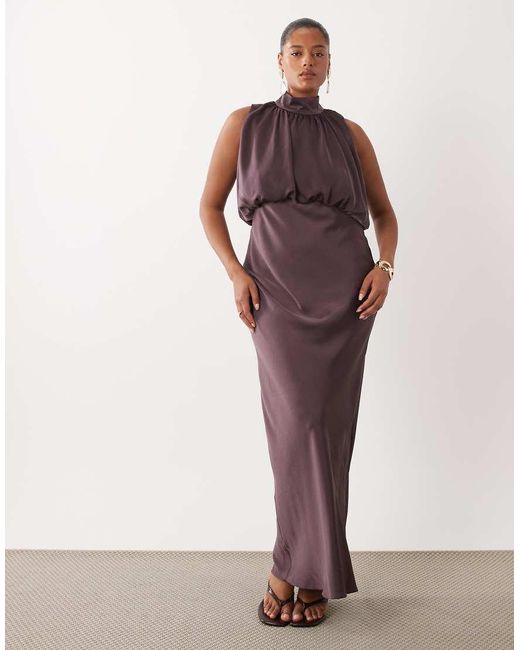 ASOS Brown Asos Design Curve Halter Neck Blouson Satin Maxi Dress
