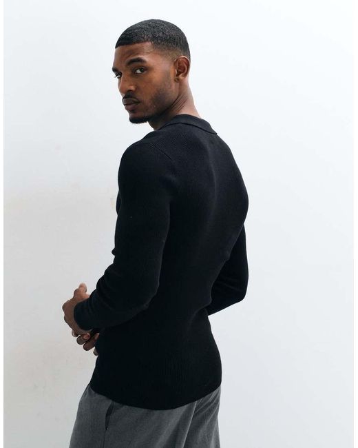 ASOS Blue Essentials Micro Rib Knit Muscle Fit Lightweight Polo Shirt for men