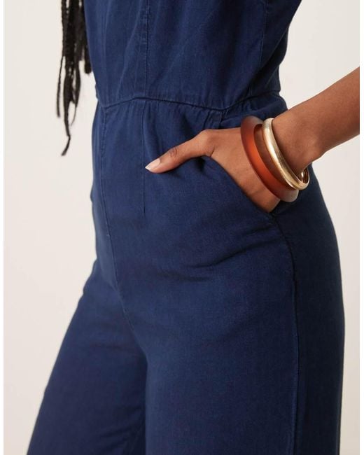 Mono Largo Azul Añil De Pernera Recta De Tejido Efecto Denim De Mango de color Blue