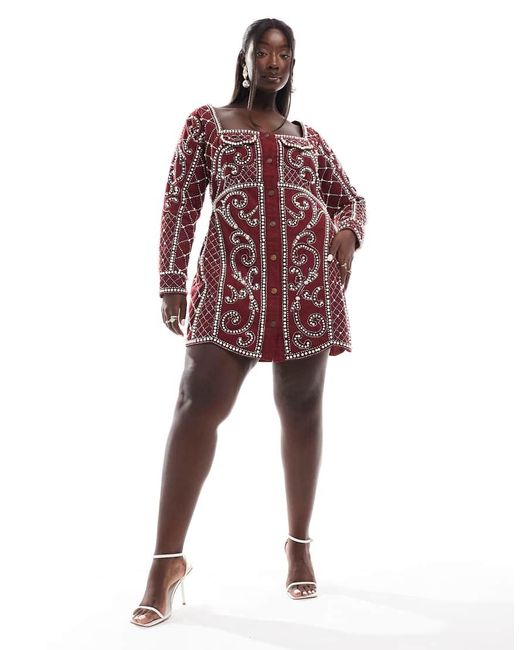 ASOS Asos Design Curve Exclusive Embellished Structu Button Through Mini Dress With Pearl Detail in Red Lyst UK