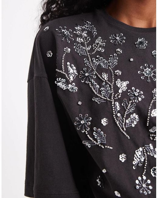 Miss Selfridge Gray Embellished Cropped Tee