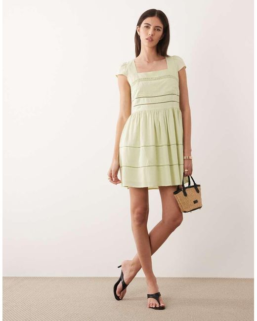 Nobody's Child Natural Jessy Cotton Square Neck Cap Sleeve Broderie Detail Mini Dress