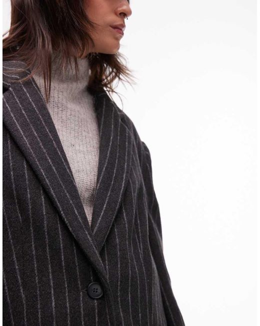 TOPSHOP Black Brushed Wool Look Pinstripe Blazer Coat