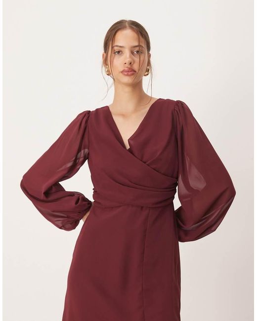 ANAYA Red Faux Wrap Blouson Sleeve Maxi Dress