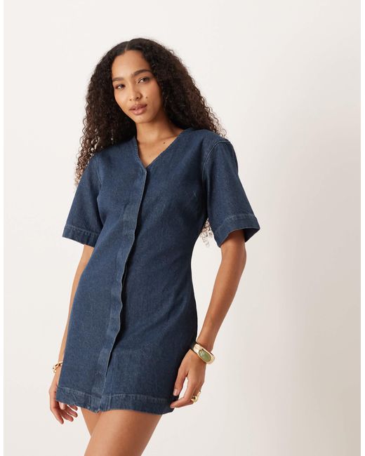 ASOS Women's Blue High V Neck Denim Mini Dress - thefunkyskunk.ie