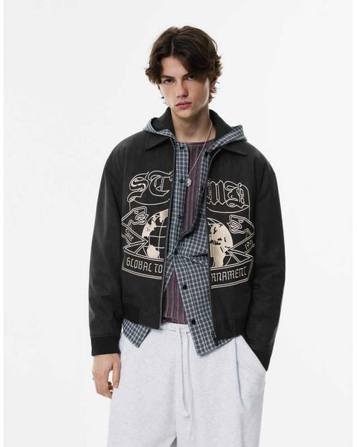 Pull&Bear Black Embroidered Leather Effect Bomber Jacket for men