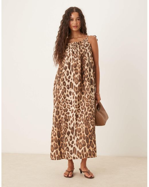 Robe longue en coton à bretelles avec imprimé léopard Aware en coloris Natural