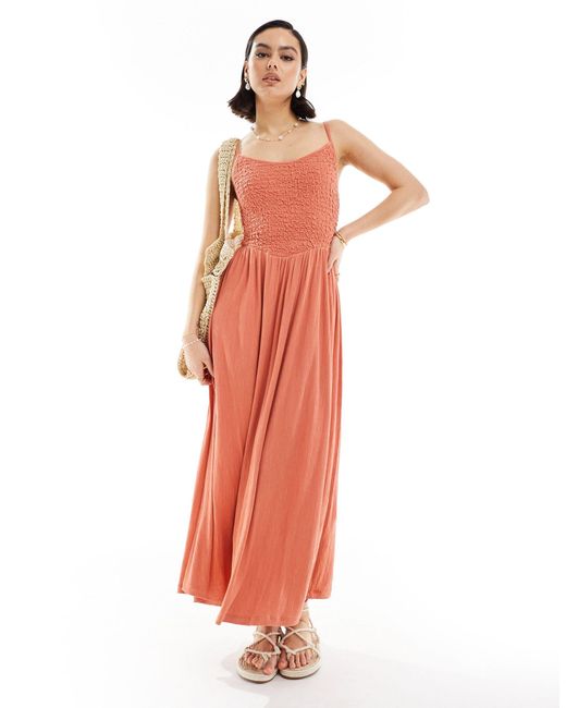 ASOS Orange Crinkle Cami Shirred Bodice Full Skirt Midi Dress