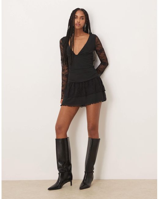 Motel Women's Natural Mishal Long Sleeve Plunge Lace Mini Dress
