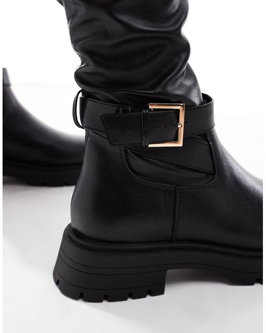 ASOS Black Curve Kirby Buckle Detail Flat Over The Knee Boots