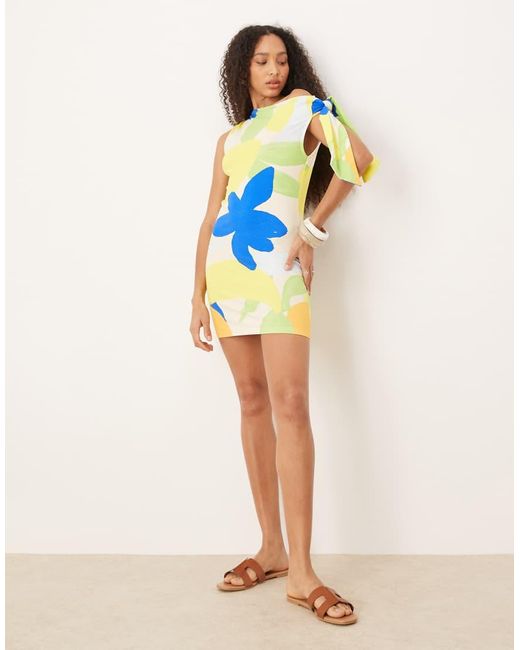 ASOS Blue One Shoulder Tie Knot Detail Mini Dress Enlarged Floral Print