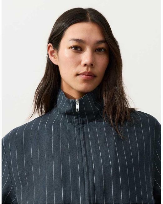Oysho Blue Pinstriped 100% Linen High-Neck Jacket