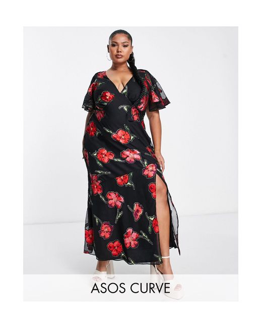 ASOS White Asos Design Curve Fluted Sleeve Maxi Dress With Cut Out Back