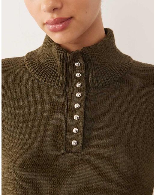 Mango Green Button Detail High Neck Sweater