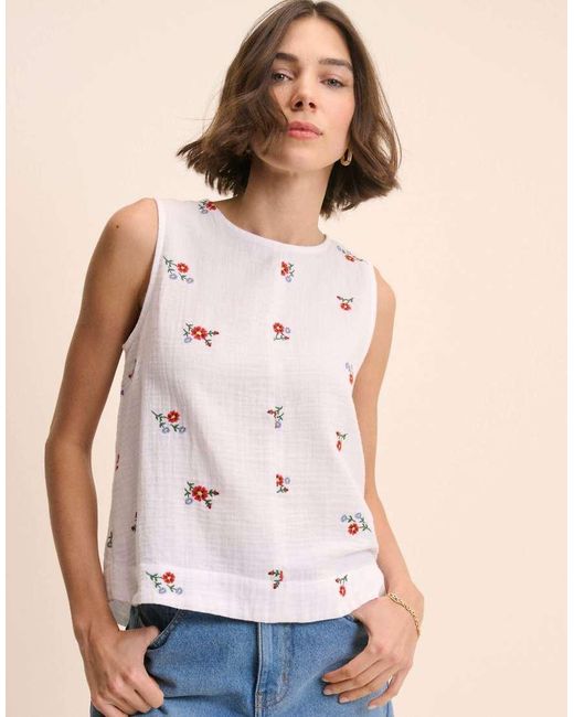 Nobody's Child Natural Floral Embroidered Sleeveless Swing Top