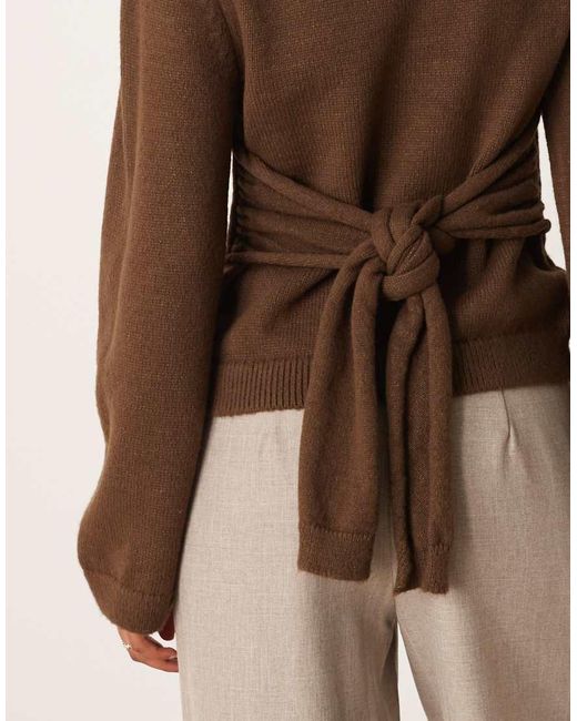 ASOS Brown Knitted Crew Neck Jumper With Tie Waist