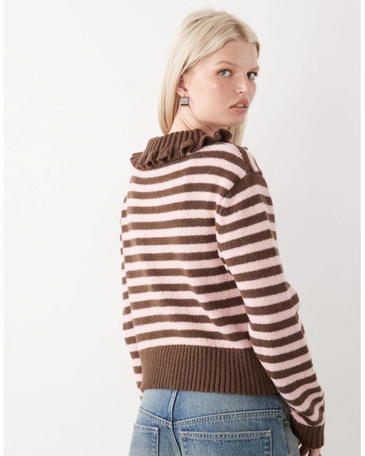 Collusion Brown Stripe Knitted Cardi With Frill Collar