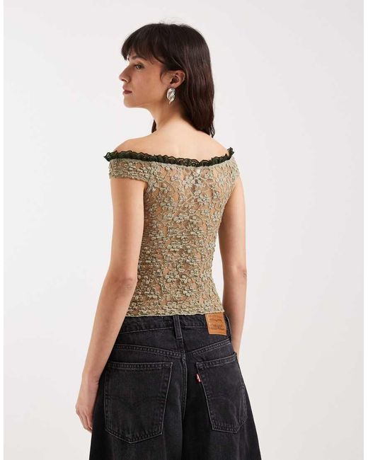 Motel Green Mayu Ruffle Trim Off Shoulder Lace Top