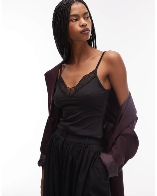 ASOS Black Polyamide Slinky Lace Trim Cami