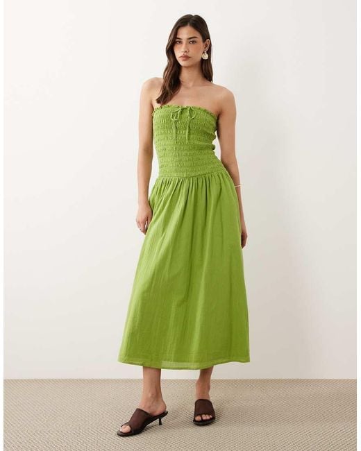 Nobody's Child Green Mandy Cotton Bandeau Shirred Bodice Midi Dress