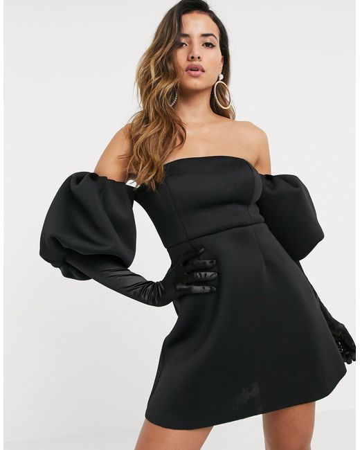ASOS Black Puff Sleeve A-line Mini Skater Dress With Gloves