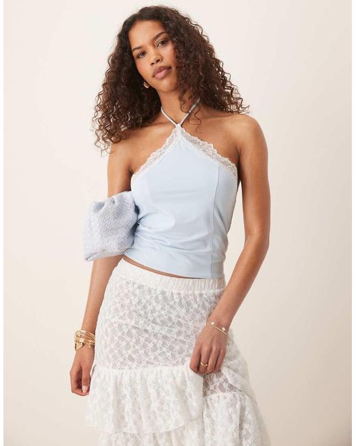 ASOS Blue Slinky Lace Trim Halter Top