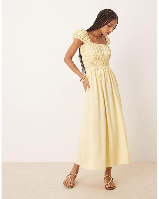 ASOS Natural Square Neck Short Sleeve Midi Dress With Cinched Channel Waist
