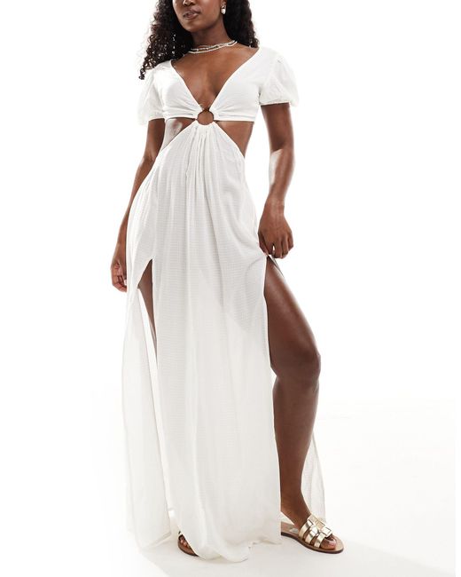 ASOS White Puff Sleeve Cut Out Maxi Beach Dress With Ring Detail