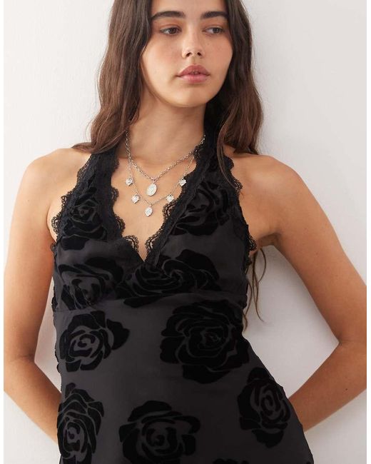 Lioness Black Stars Align Halterneck Lace Trim Open Back Devore Dress